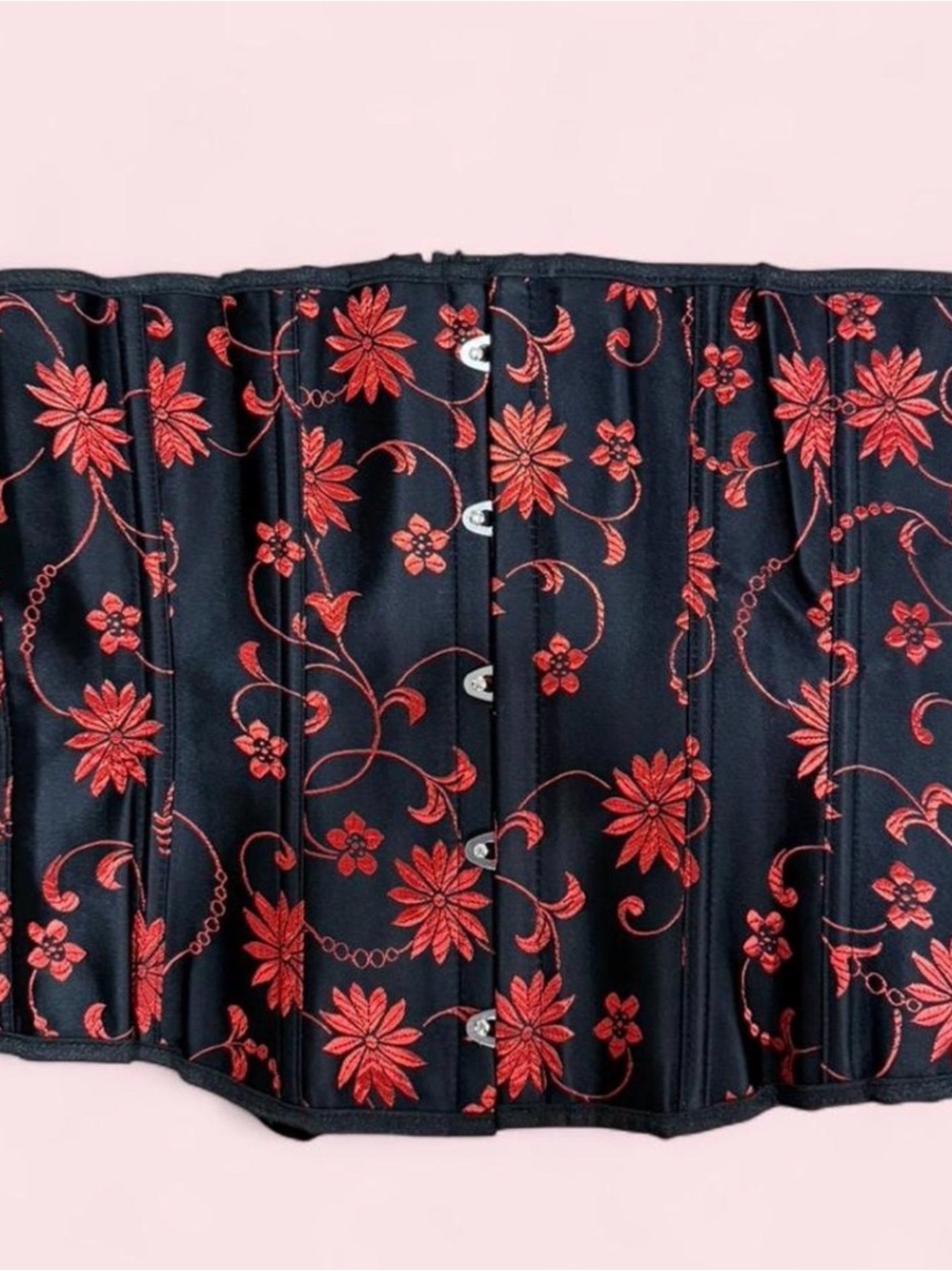 Black Corset with Red Floral Embroidery